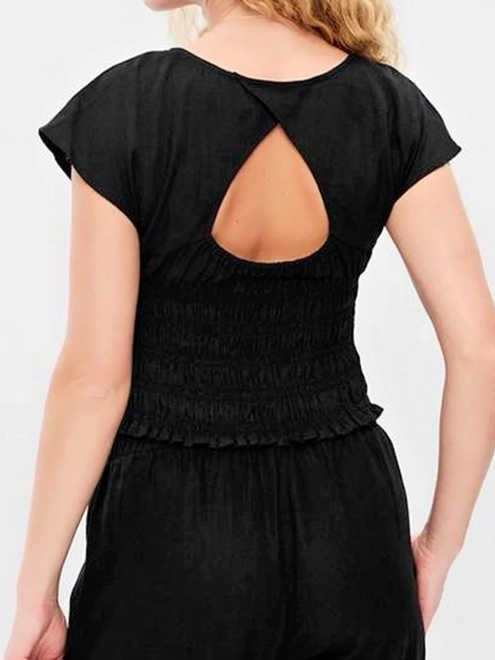Old Navy Linen-Blend Short-Sleeve Smocked Top Open Back Black Large NWT